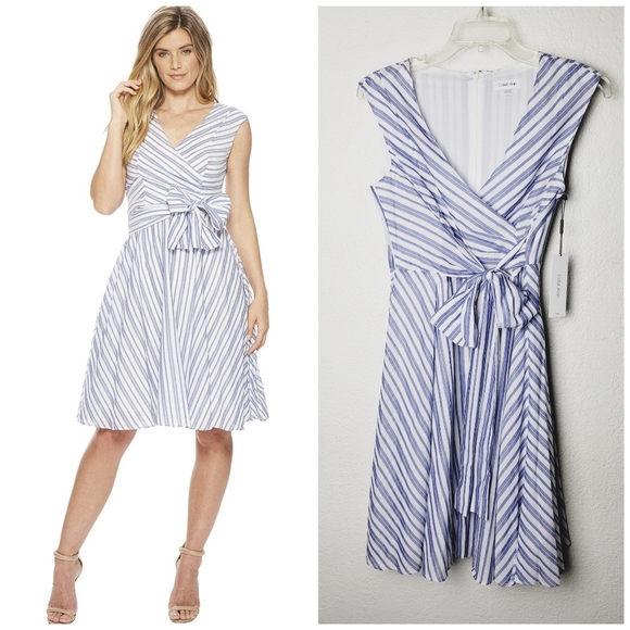 Calvin Klein Dresses & Skirts - Calvin Klein Blue White Striped Wrap Style Dress